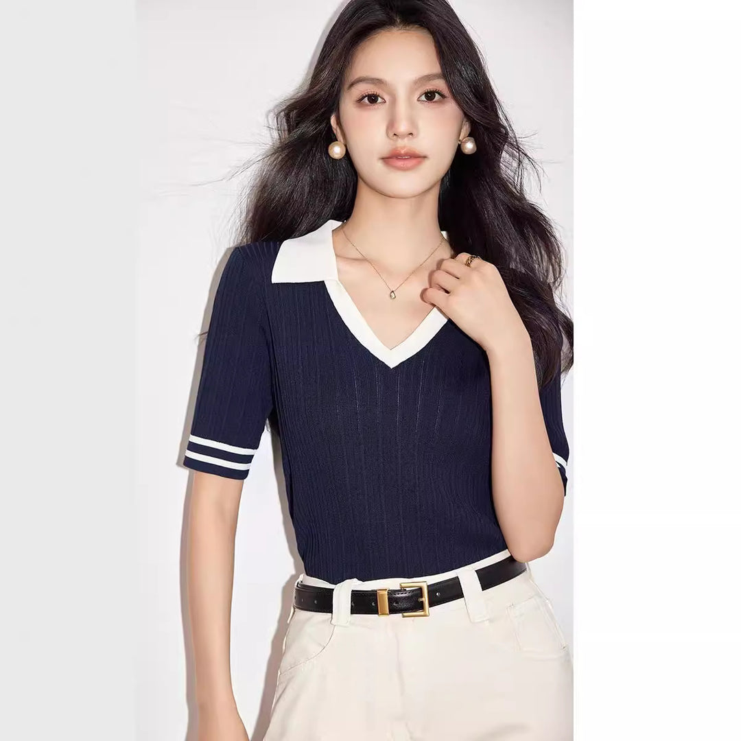 Women’s Striped Short-Sleeve Knit Polo Top
