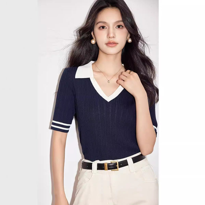 Women’s Striped Short-Sleeve Knit Polo Top
