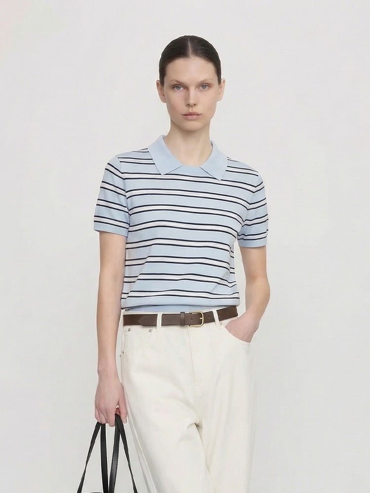 Striped Knit Polo Top with Contrast Collar