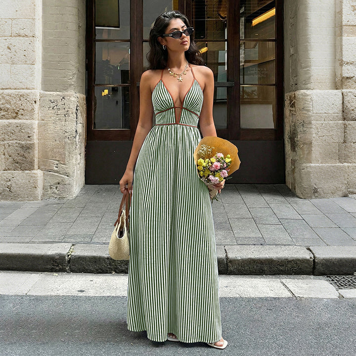 Sexy Striped Deep V-Neck Halter Maxi Dress - Backless Vacation Sundress