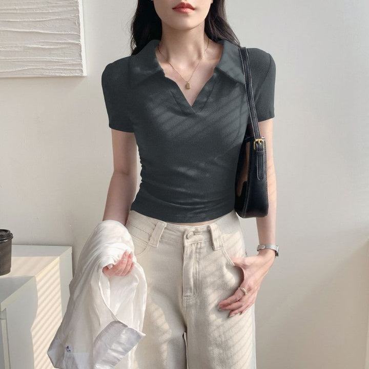 Women’s Ribbed Ruched Cropped Short-Sleeve Top