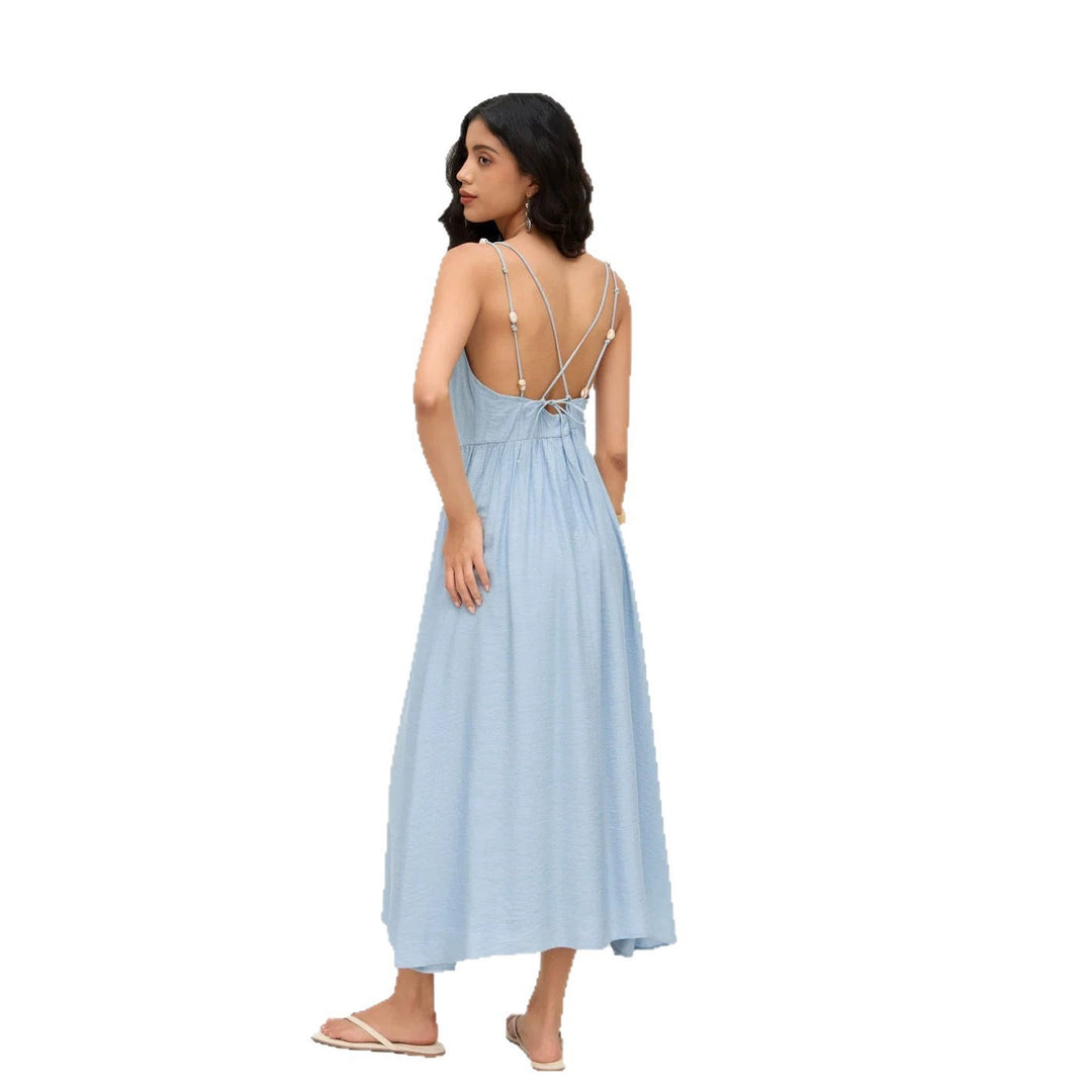 2026 Summer Boho Sexy Backless V Neck Halter Maxi Dress Casual Vacation Swing Sundress