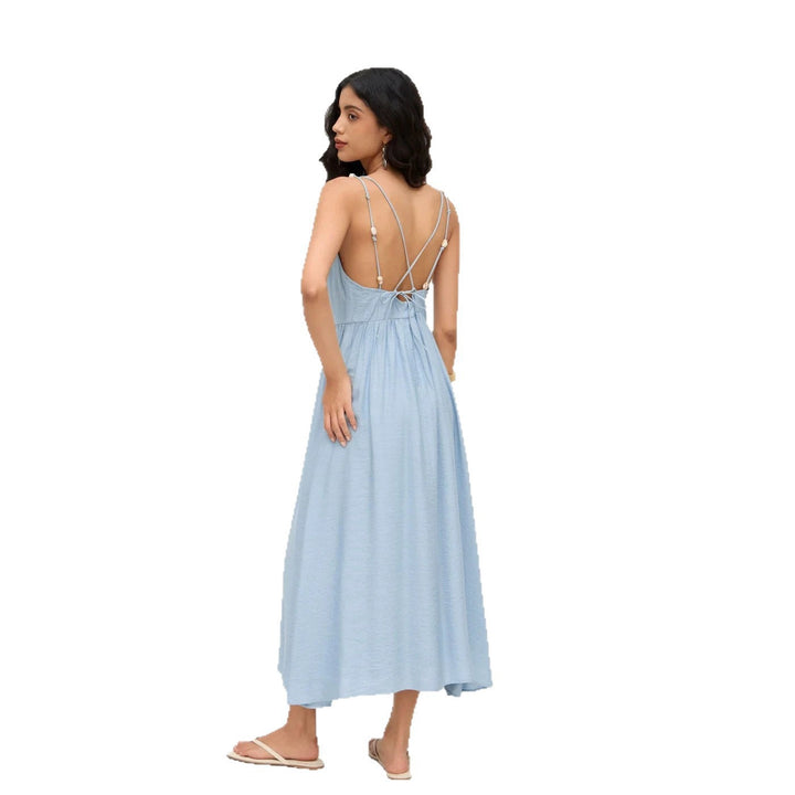 2026 Summer Boho Sexy Backless V Neck Halter Maxi Dress Casual Vacation Swing Sundress