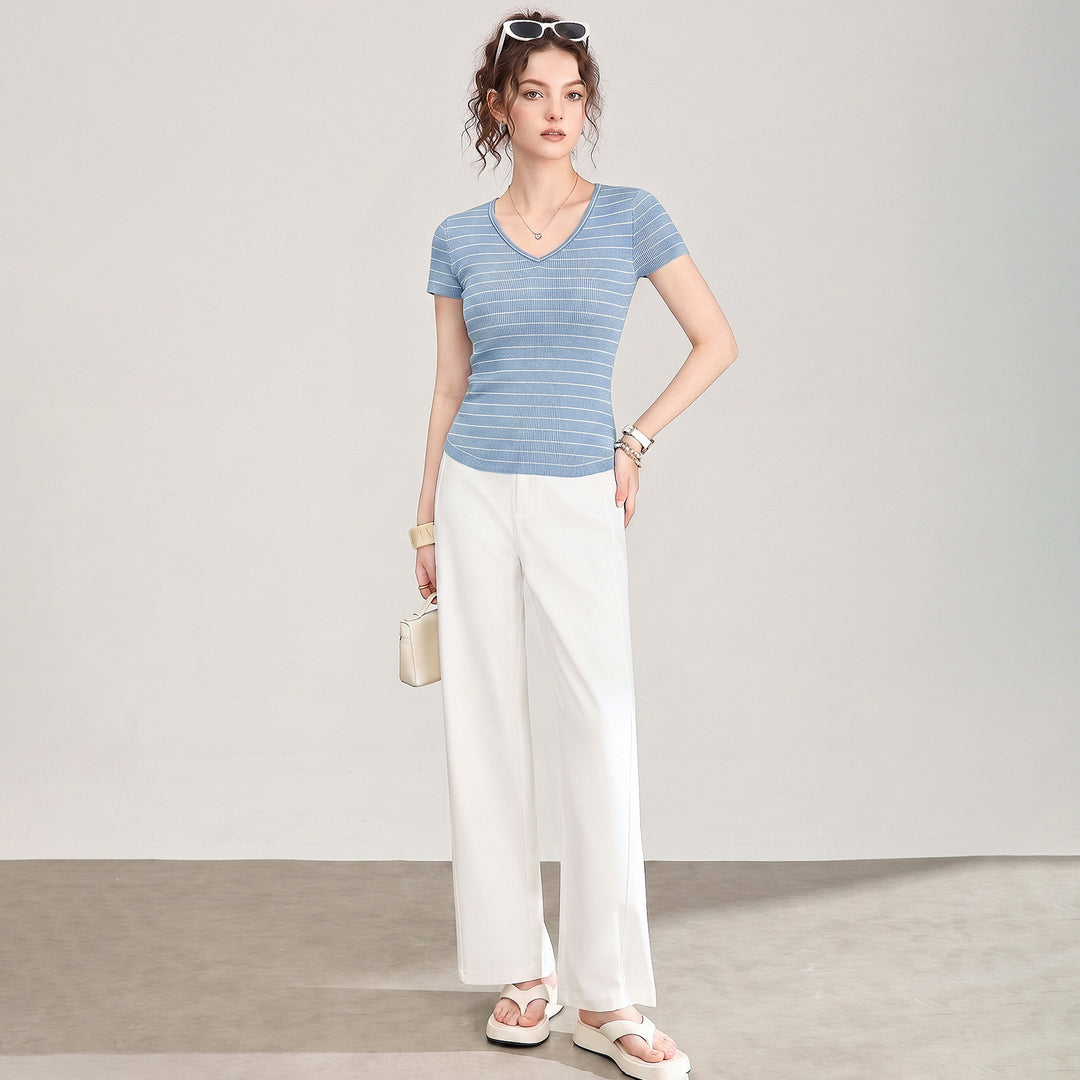 18-Gauge Fine Rib Merino &amp; Acetate Wool V-Neck Knit Top