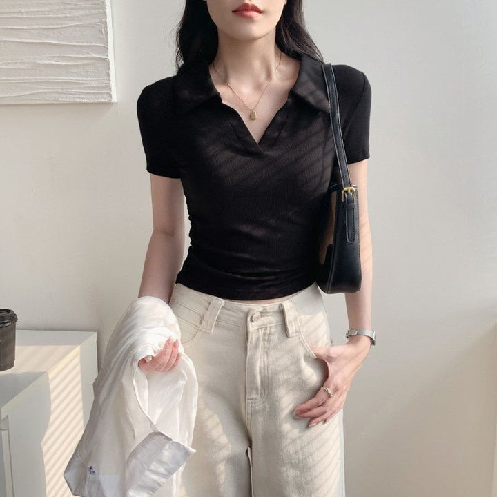 Women’s Ribbed Ruched Cropped Short-Sleeve Top