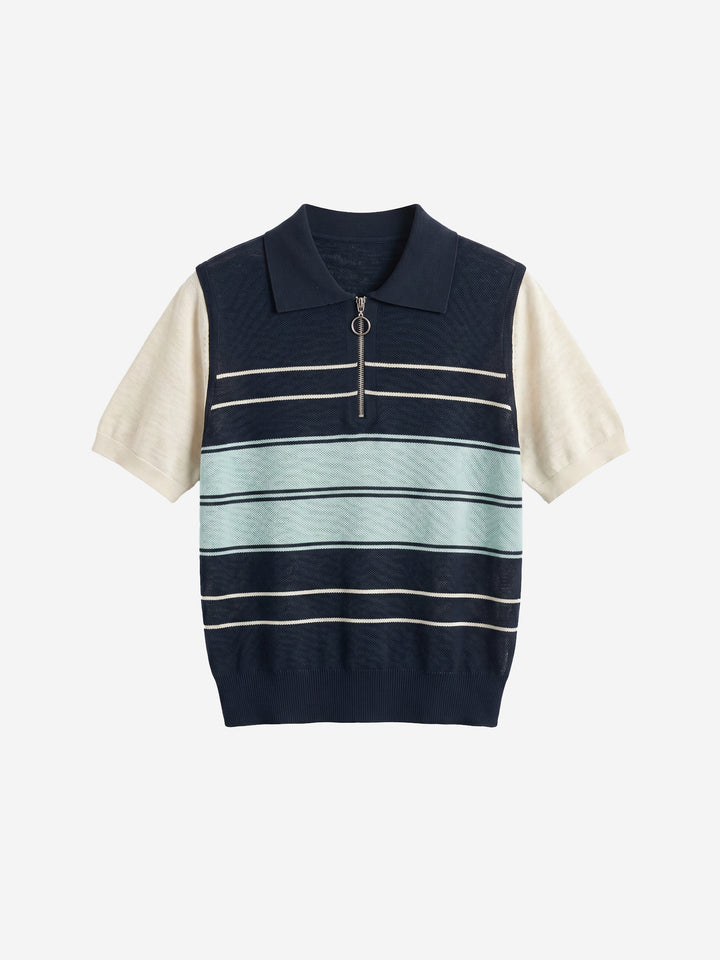 Striped Half-Zip Polo Sweater - 16GG Ultra-Fine Tencel Linen Knit