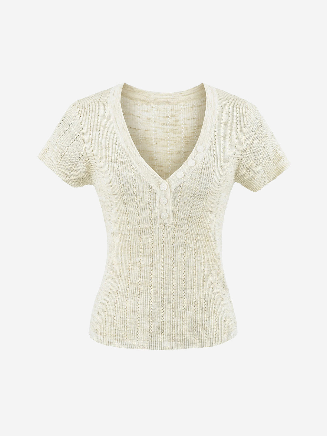 Damen Henley V-Ausschnitt Kurzarm-Strickoberteil