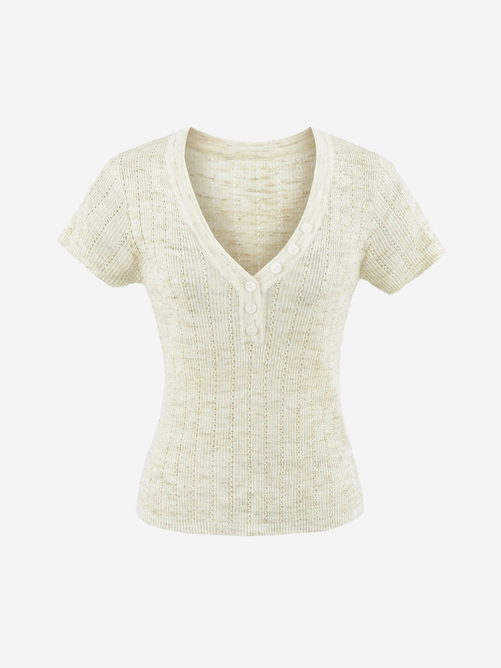 Damen Henley V-Ausschnitt Kurzarm-Strickoberteil