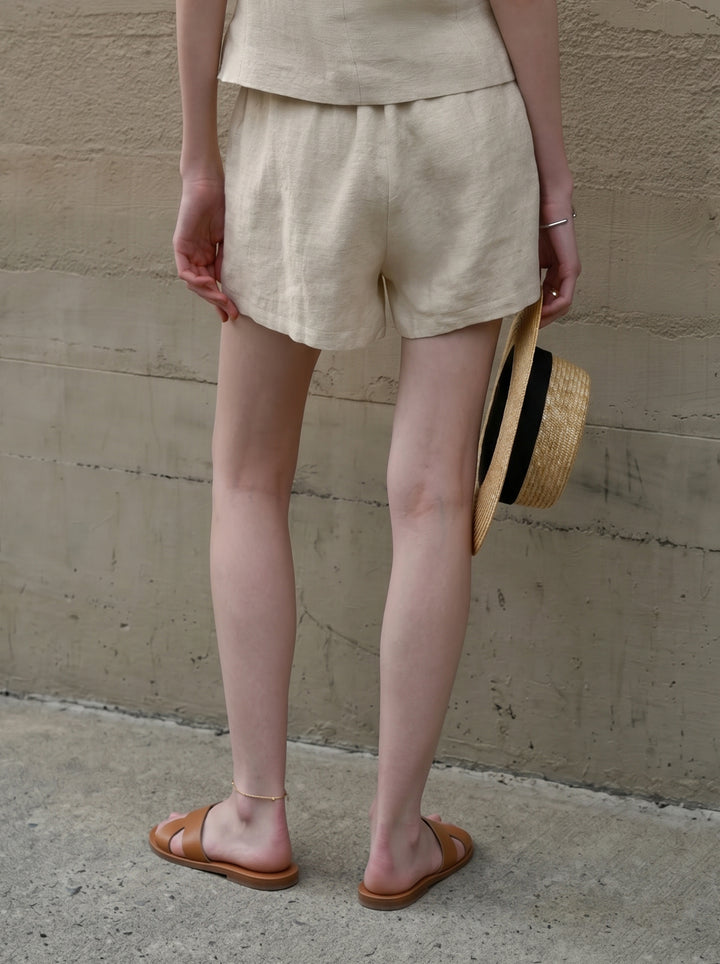 Damen High Waist Shorts aus reiner Leinen, garngefärbt, Old Money Stil, lässige Sommerhose, Nischendesign, gerades Bein