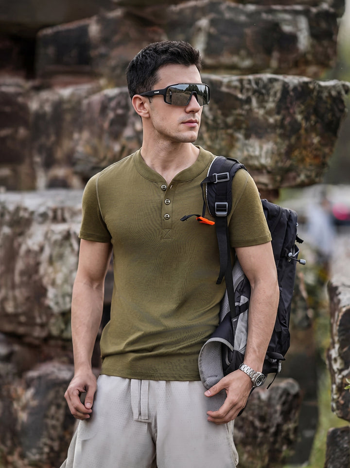 T-shirt Henley en laine mérinos à séchage rapide pour homme, idéal pour la randonnée et les activités de plein air