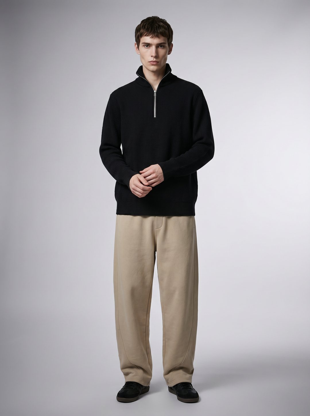 Unisex-Pullover aus Wollmischung mit halbem Reißverschluss und Stehkragen